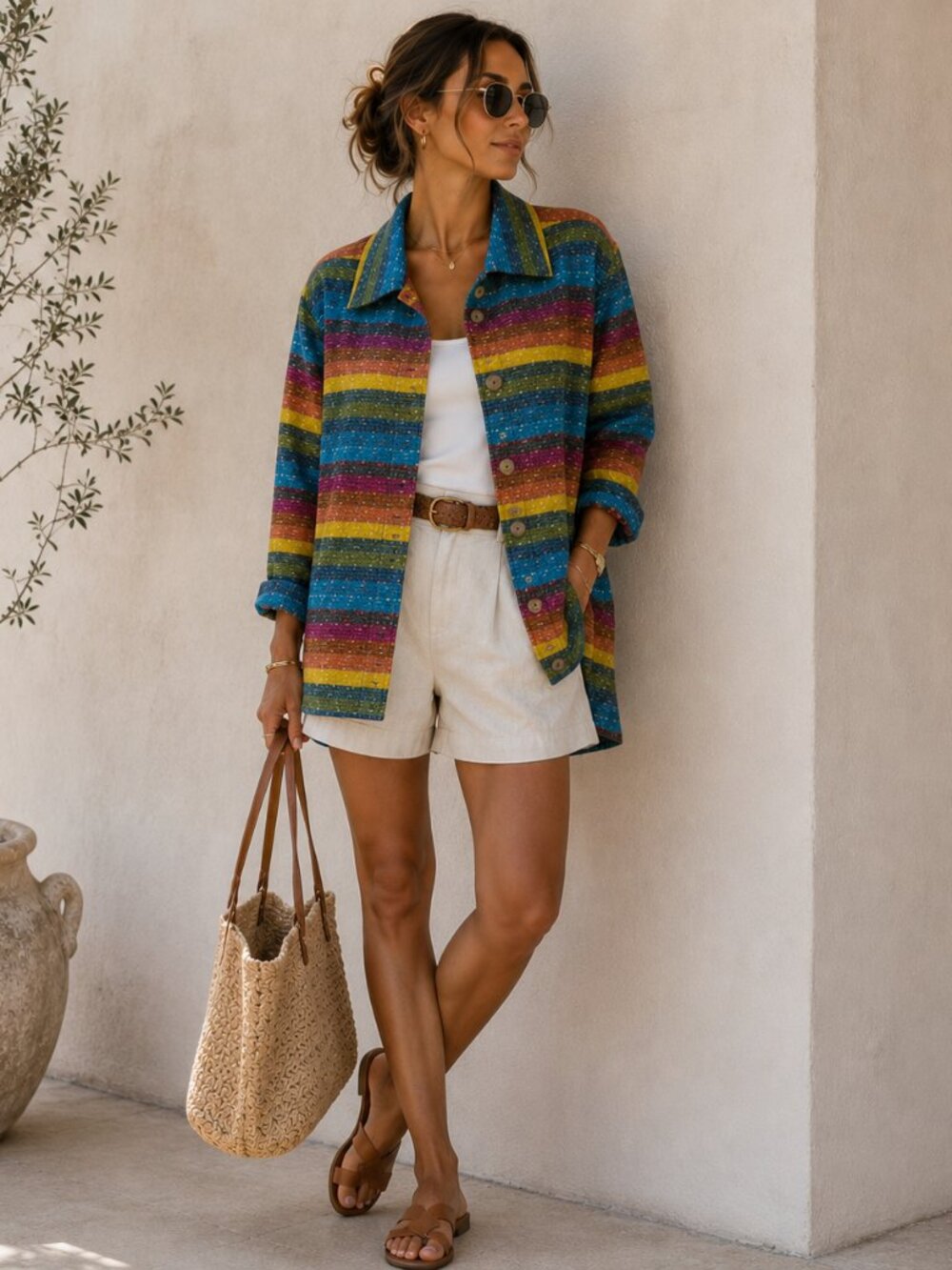 Coldwater Creek Linen‎ Jacket Womens M Rainbow Stripe Artsy Boho Lightweight